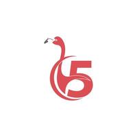 número 5 com vetor de logotipo de ícone de pássaro flamingo