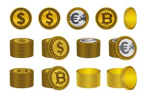 Ícones de moeda de ouro bitcoin euro dólar vetor