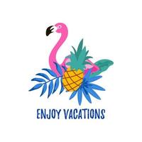 rótulo de verão desenhado à mão com flamingo, folhas tropicais e abacaxi. ilustração vetorial. aproveite o texto de férias vetor
