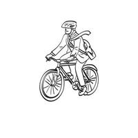 empresário de arte de linha com capacete andando de bicicleta para trabalhar ilustração vetorial desenhada à mão isolada no fundo branco vetor