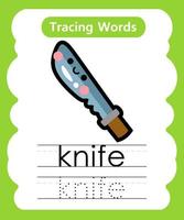 planilhas de palavras de rastreamento em inglês com faca de vocabulário vetor
