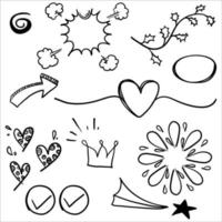 doodle elementos do conjunto, preto sobre fundo branco. seta, coração, amor, estrela, folha, sol, luz, flor, margarida, coroa, rei, rainha, swishes, rusgas, ênfase, redemoinho, heart.line art cartoon style vector