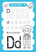 planilha de pré-escola de letra de rastreamento de alfabeto a a z com a letra d médico vetor
