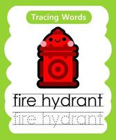 planilhas de palavras de rastreamento em inglês com vocabulário hidrante vetor