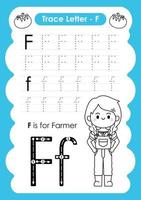 planilha de pré-escola de letra de rastreamento de alfabeto a a z com a letra f agricultor vetor