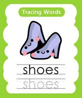 planilhas de palavras de rastreamento em inglês com sapatos de vocabulário vetor