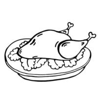 ícone de vetor de peru assado. ilustração isolada em um fundo branco. galinha cozida. esboço de comida. doodle desenhado à mão. codorna deliciosa em folhas de alface em um prato. ação de graças ou prato de natal.