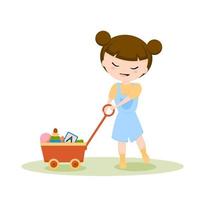 uma garotinha de macacão jeans e dois cachos na cabeça sorri e carrega um carrinho com seus brinquedos. ilustração vetorial. vetor