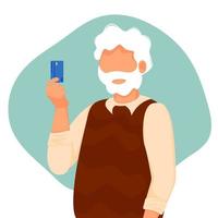 homem idoso tem um cartão de débito na mão. ilustração vetorial. pagamento com cartão de crédito, pagamento usando uma carteira eletrônica. vetor