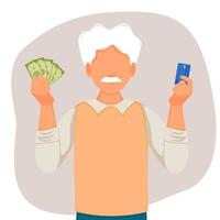 homem idoso tem dinheiro e cartão de débito nas mãos. ilustração vetorial. pagamento com cartão de crédito, dinheiro. vetor