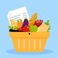 cesta de compras com alimentos, cheque e telefone. conceito de compras de comida online. ilustração vetorial em estilo simples. vetor