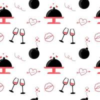 padrão perfeito para o dia dos namorados. coração, lábios, taças de vinho, cloche de restaurante, bomba. Preto e vermelho. vetor