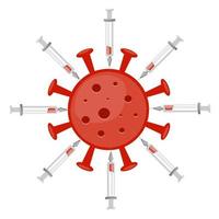 molécula de coronavírus cercada por seringas contendo vacina. ilustração vetorial. vetor