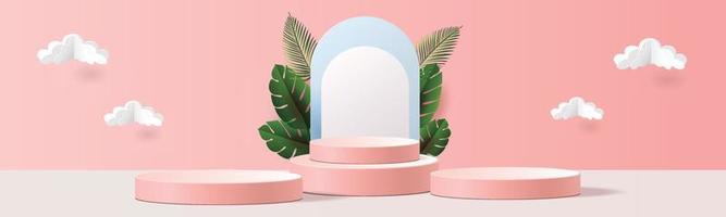 3d maquete de pódio geométrica folha conceito netural tropical para vitrine fundo azul rosa abstrato cena mínima apresentação do produto ilustração vetorial vetor