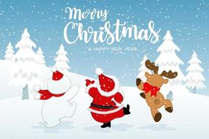 feliz natal e feliz ano novo cartão com papai noel, rena e boneco de neve em fundo de inverno, ilustração em vetor de personagem de desenho animado de feriado fofo
