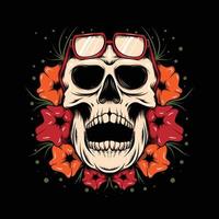 crânio com design de camiseta de ilustração de vibrações de flores vetor