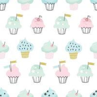 padrão de vetor de cupcake. mão desenhada fundo sem costura de cupcakes fofos para festa, aniversário, cartões de felicitações, embrulho, artigos de papelaria.