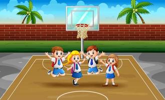 crianças alegres pulando na quadra de basquete vetor