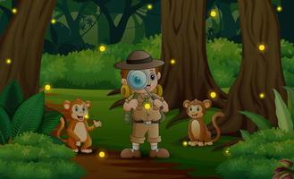 desenho animado o menino de safári e macacos na selva vetor