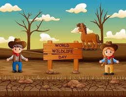 sinal do dia mundial da vida selvagem com cowboy e cowgirl em terra seca