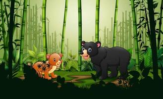 desenho animado um urso e filhote na floresta de bambu vetor