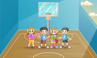 crianças de escola felizes na quadra de basquete