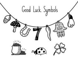 conjunto de símbolos de boa sorte. ilustração vetorial de contorno de talismãs e encantos europeus e asiáticos. símbolos de sucesso e prosperidade vetor