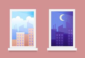 janelas com paisagens urbanas diurnas e noturnas vetor