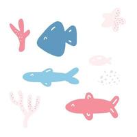 conjunto de peixes, estrelas do mar, corais. ilustração da vida marinha. personagem de desenho animado bonito. elemento de design marinho náutico para crianças de berçário colorido vetor