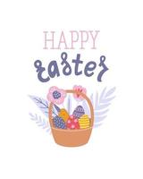 cartaz de feliz páscoa, impressão, cartão ou banner com cesta de ovos, flores da primavera e texto ou letras. ilustração vetorial mão desenhada. vetor