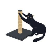 gato preto e o poste de arranhar. gato afiando suas garras. design de personagens fofos vetoriais vetor