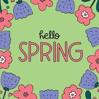 Olá Primavera. cartão de primavera com moldura de borda de flores de contorno simples. ilustração vetorial, fundo verde claro. modelo de convite, aniversário, publicidade, mídia social vetor