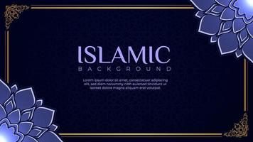 banner de cartão islâmico de luxo com decoração de lindas flores em fundo azul escuro. modelo de cartão de convite com ornamento árabe e mandala vetor