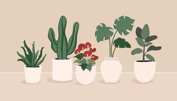 conjunto de ilustrações vetoriais desenhadas à mão de plantas de interior para casa interior, em fundo bege vetor