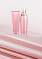frasco cosmético mínimo em fundo de tecido rosa. apresentação de marca e produto vetor