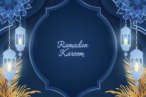 ramadan kareem islâmico de luxo azul e dourado com linda lâmpada de ornamento vetor