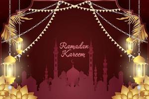 fundo ramadan kareem islâmico vermelho e ouro luxo com mesquita vetor