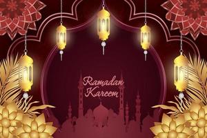 ramadan kareem estilo islâmico luxo vermelho e dourado com mesquita e belo ornamento vetor