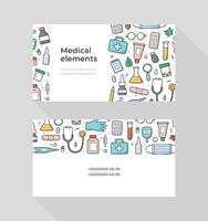modelo de cartão de visita médico. conceito de saúde. elementos e objetos desenhados à mão de medicina. estilo de desenho doodle. ilustração simples moderna. vetor