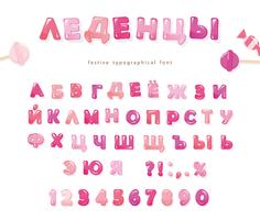 Fonte de doces cirílico letras rosa brilhante e números vetor