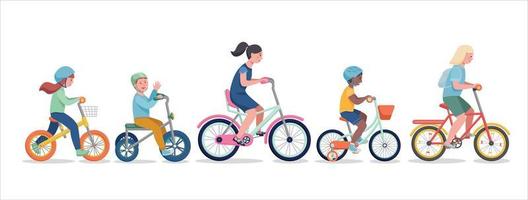 crianças andando de bicicleta. ilustração de um grupo de crianças andando de bicicleta vetor