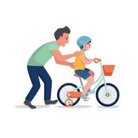 pai ensina seu filho a andar de bicicleta. ilustração vetorial plana vetor
