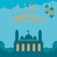 banner de ramadan kareem com nuvens e estrelas na ilustração vetorial de fundo do céu noturno. lanternas tradicionais e lugares para o seu texto vetor