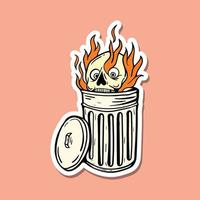 crânio de fogo desenhado à mão na lata de lixo doodle ilustração para adesivos de tatuagem etc vetor premium