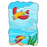 ilustração dos desenhos animados dois peixes com barbatanas longas nadando e pulando no oceano vetor