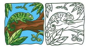 camaleão de ilustração dos desenhos animados em um livro de colorir de tronco de árvore ou página para crianças vetor