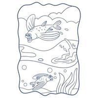 ilustração dos desenhos animados dois peixes com barbatanas longas nadando e pulando no livro ou página do oceano para crianças preto e branco