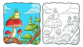 lagarta de ilustração dos desenhos animados em cogumelos e folhas livro de colorir ou página para crianças vetor