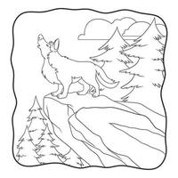 ilustração dos desenhos animados o lobo ruge no livro de pedra ou página para crianças preto e branco vetor