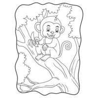 macaco de ilustração de desenho animado comendo banana no livro da árvore ou página para crianças preto e branco vetor